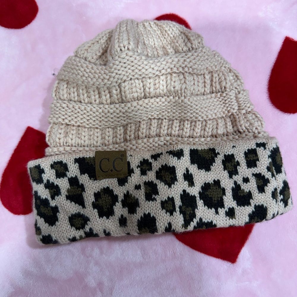 CC Kids Leopard Print Beanie - Cream and Black